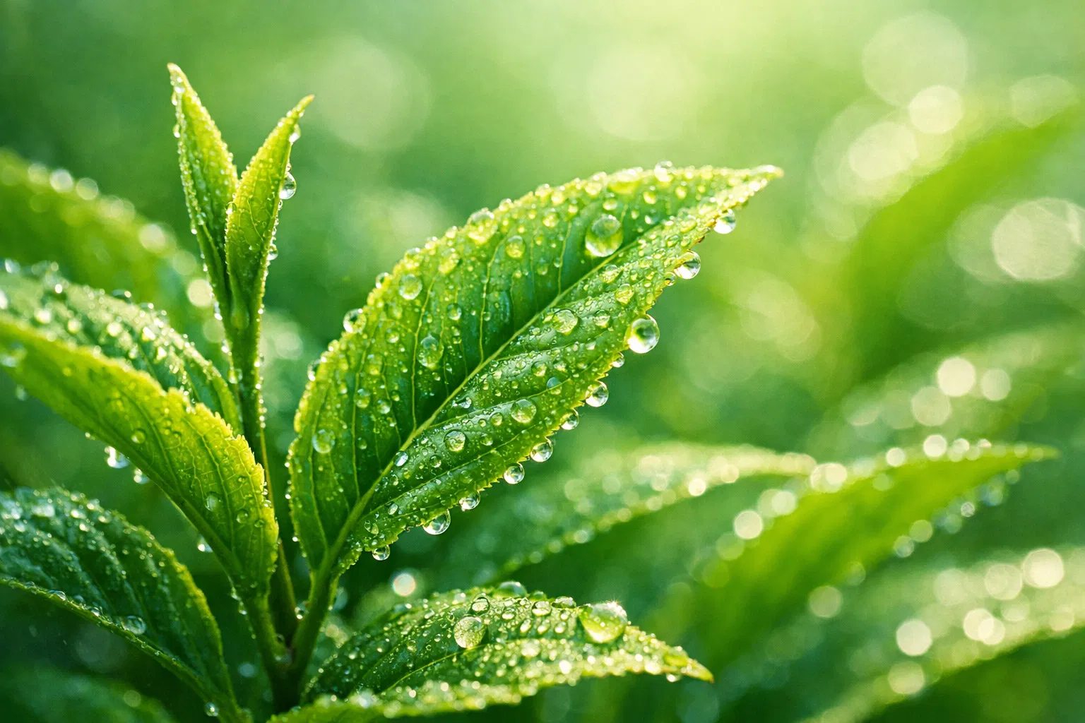 沾滿露水的綠茶葉